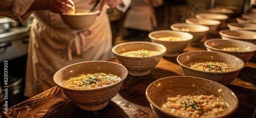 Behind the scenes, a chef is busy preparing a variety of soup bowls, showcasing culinary mastery with each carefully crafted dish. © Murda