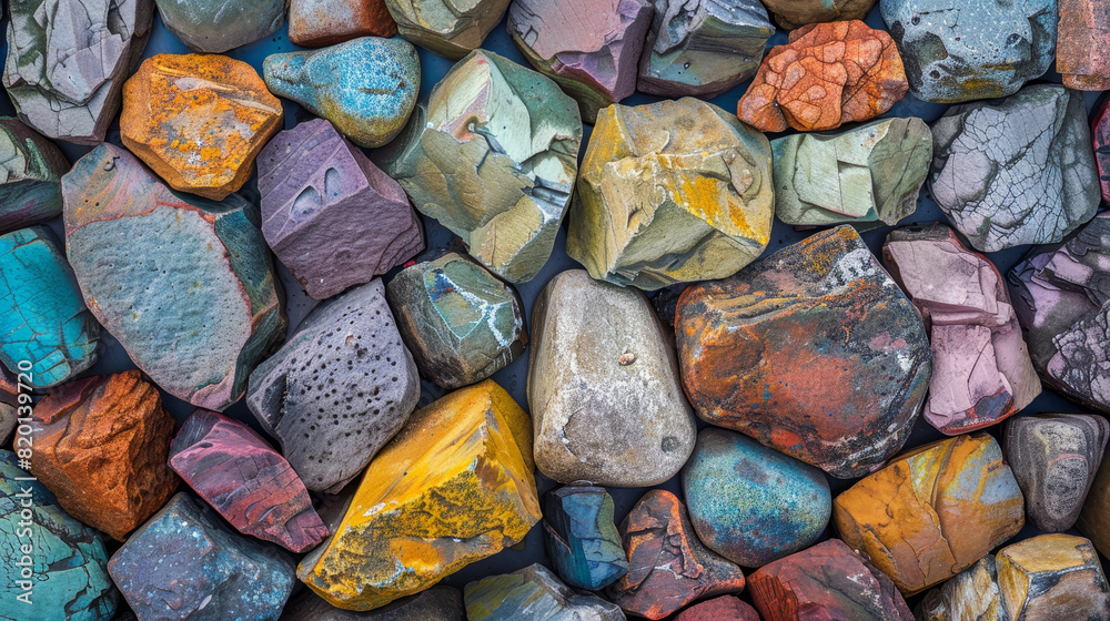 A colorful mosaic of rocks with a variety of colors and sizes A colorful mosaic of rocks with a variety of colors and sizes
