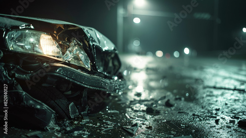 A car is smashed and the headlights are on photo