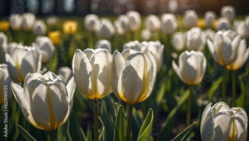 Vibrant white tulips in bloom with yellow stamens on sunny day, close up view of fresh spring flowers with soft petals and green stems in garden setting.