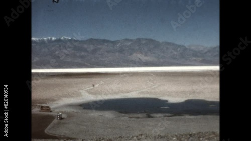 Viewing Badwater Basin 1970 - Viewing the highly saline Badwater pond and the salt flats in Badwater Basin, the lowest point in North America in Death Valley National Monument, in 1970.  photo