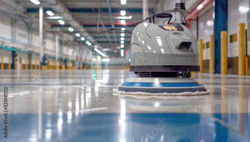 Robotic vacuum cleaner cleaning floor in factory warehouse, shallow depth of field. Automated technology in industry, large storage station with speed, safety, and efficiency. photo