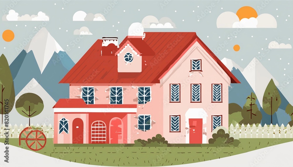 Naklejka premium nice private house on a background of mountains - illustration