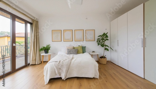 cozy and modern minimalist light bedroom with posters (with white walls) - natural amateur realistic photography
