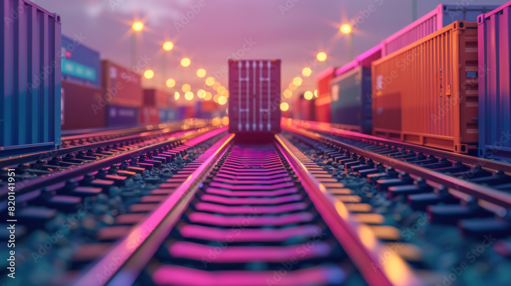 Railway and containers . Freight transportation. Aerial view subway station light urban, stack in warehouse. Motion train moving tunnel, delivering cargo. Industry dusk, economy and engineering. Railway and containers . Freight transportation. Aerial view subway station light urban, stack in warehouse. Motion train moving tunnel, delivering cargo. Industry dusk, economy and engineering.
