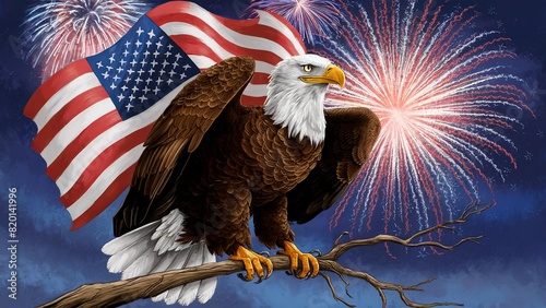 Bald Eagle with usa flag and fireworks in background, independence day, fourth of july