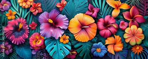 Vibrant tropical flowers and leaves  bold colors  and intricate patterns  lush and exotic