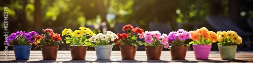 A row of potted plants with different colored flowers, on wooden surface in the summer garden
