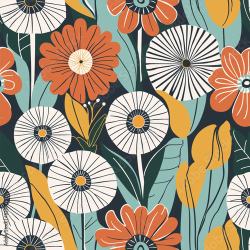 Seamless pattern in flat style with the image of cherries and flowers. Pattern for interior design, printing on fabric and paper.