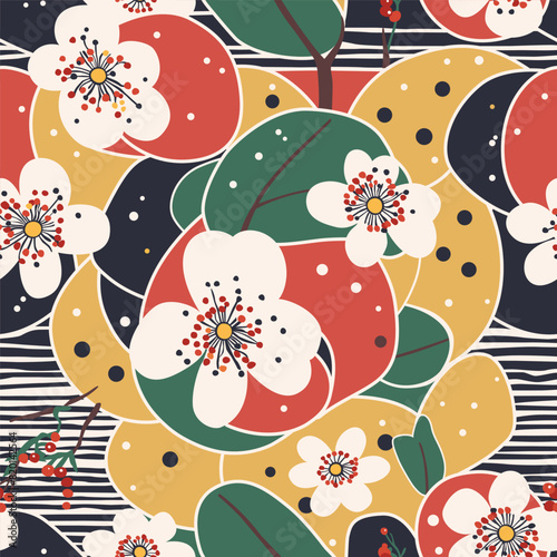 Seamless pattern in flat style with the image of cherries and flowers. Pattern for interior design, printing on fabric and paper.