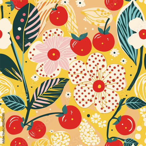 Seamless pattern in flat style with the image of cherries and flowers. Pattern for interior design, printing on fabric and paper.