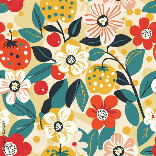Colorful seamless pattern in a flat style with the image of flowers and berries. Bright illustration for interior and clothing design, for printing on fabric and paper.