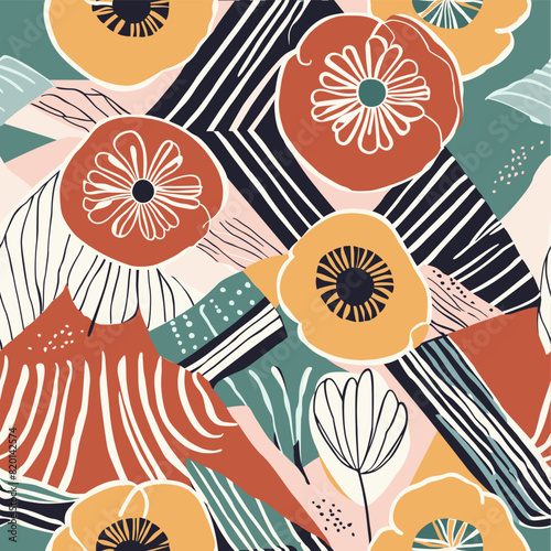 Seamless pattern, large flowers in flat style, bright floral background, floral pattern and stripes, great for fashion fabric, interior decoration, textiles and wallpaper. 