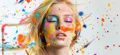 The primary focus of the image is on a woman wearing elaborate face paint in a multitude of colors.