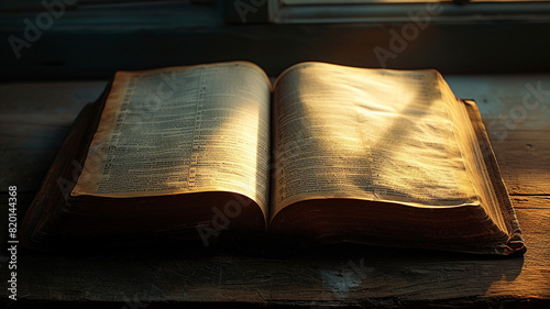 .A deeply moving close-up photograph capturing the interplay of sunlight and shadows on the open pages of a Bible in a dark room