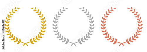 Laurel wreath of victory icon, set of gold, silver and bronze medals, laurel frame ranking decoration
