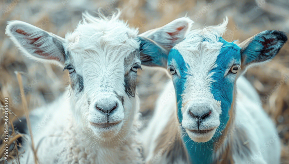 Portrait two cute white and blue goats in field. Pastoral happy, young, and funny livestock. Domestic, with horned and hairy fur, graze in rural meadow, smile. innocence and happiness in air. Portrait two cute white and blue goats in field. Pastoral happy, young, and funny livestock. Domestic, with horned and hairy fur, graze in rural meadow, smile. innocence and happiness in air.