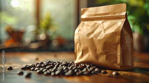 Organic coffee brand mockup, minimalist packaging, bag with white label for coffee brand. 