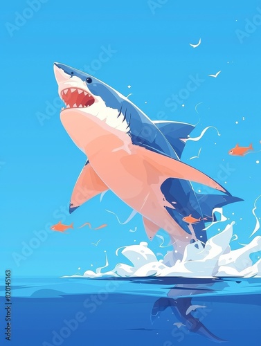 Cartoonstyle happy shark in vibrant colors, simplistic and stylized illustration, cheerful undersea scene