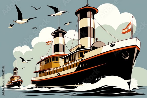 Cartoonstyle cheerful boat sailing on blue waters, vibrant colors, simplified and stylized for childrens illustration