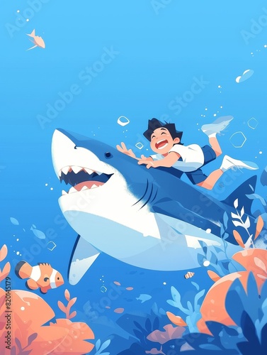 Cartoonstyle happy shark in vibrant colors, simplistic and stylized illustration, cheerful undersea scene