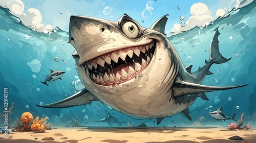 Cheerful, stylized shark in bold cartoon colors, minimalist underwater scene, playful and friendly vibe