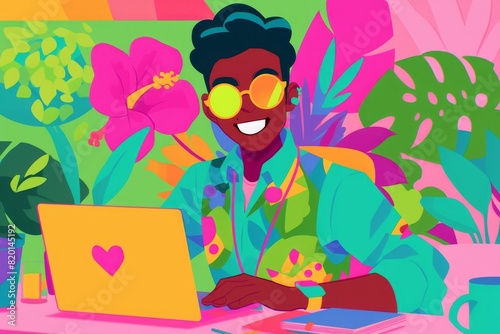 Cheerful cartoon character working diligently on a computer, office environment backdrop, bright and playful