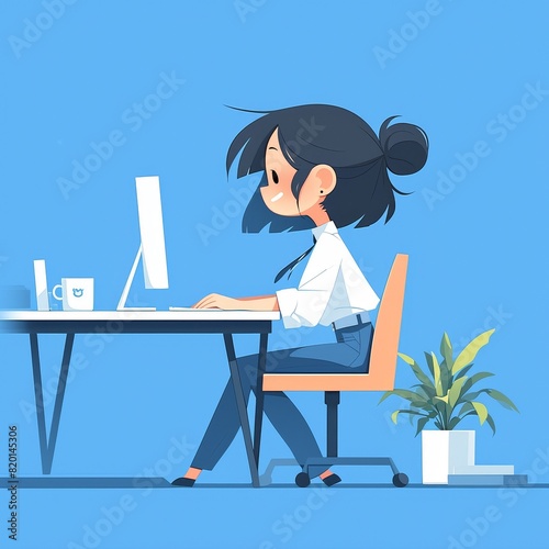 Playful cartoon of an employee at a computer, office background with coffee cup and plants, fun and engaging style