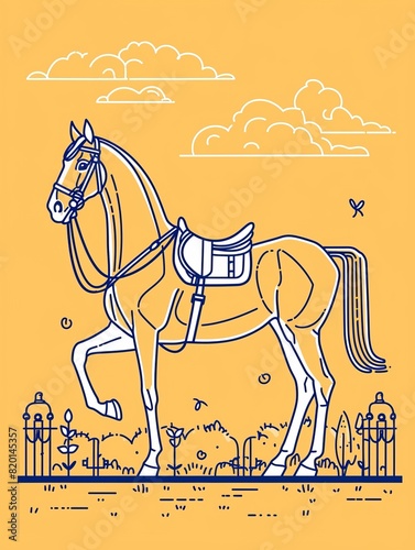 Vector graphic of a horse in a flat color style, minimal shapes and details on a warm brown background, vector art
