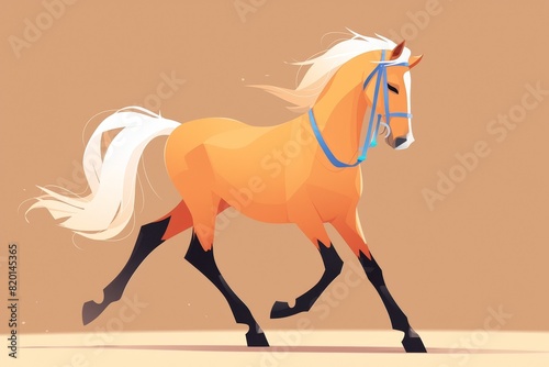 Stylized vector horse created with flat colors and basic shapes, set against a brown background, minimal vector aesthetics