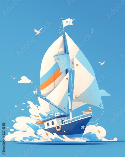 Brightly colored sailboat in cartoon style, playful waves, simplified design, ideal for a fun nursery poster