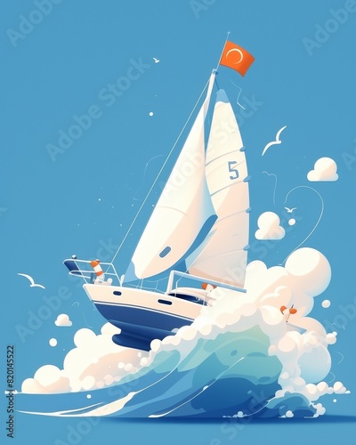 Brightly colored sailboat in cartoon style, playful waves, simplified design, ideal for a fun nursery poster