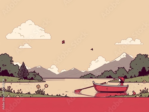 Cartoon rowboat on a serene pond, popping colors, simplified shapes, whimsical setting for storytelling