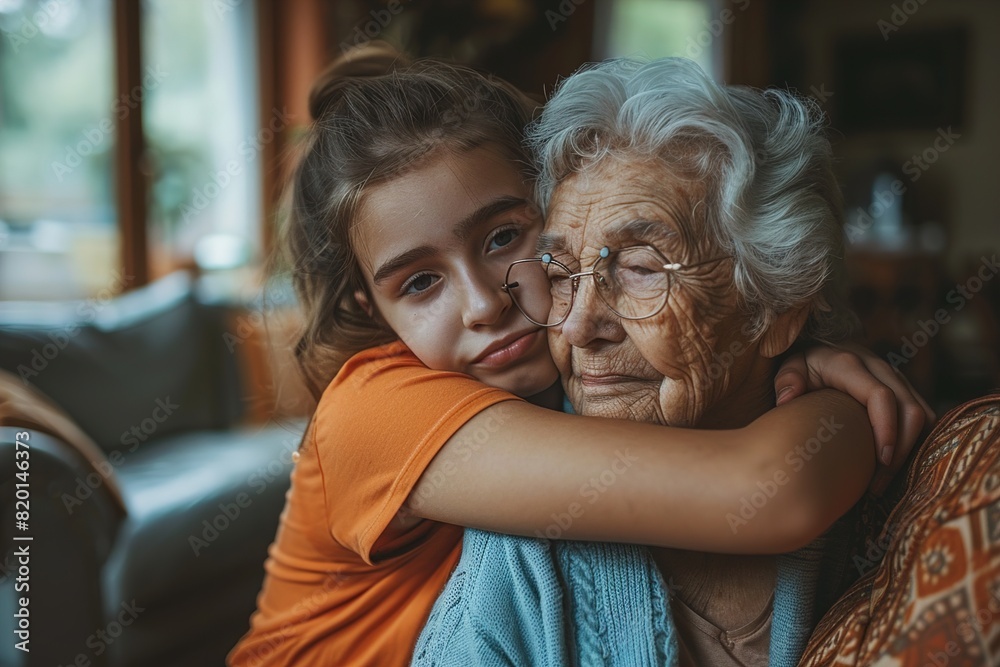 Granddaughter Hugging Elderly Grandmother at Home Granddaughter Hugging Elderly Grandmother at Home