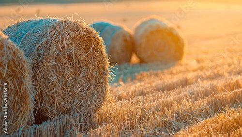 Straw bales on the field at sunset. Agricultural landscape. Golden wheat under the sunbeam, rural scenery of farmland. Harvesting crop in the meadow, idyllic sunrise over the cultivated land. photo