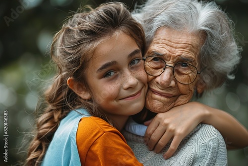 Smiling Girl Hugging Elderly Grandmother Outdoors © Alejandro