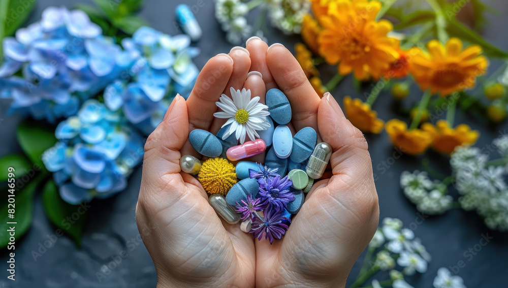 Female hands hold handful blue and yellow pills and flowers. Delicate health and illness, medicine and care. Feminine daily life, intimate hygiene, and monthly period protection. Female hands hold handful blue and yellow pills and flowers. Delicate health and illness, medicine and care. Feminine daily life, intimate hygiene, and monthly period protection.