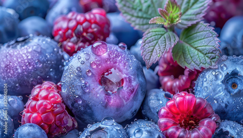 Frozen blueberries and raspberries with water drops. Refreshing studio ripe, juicy in cool, transparent ice. Frost and dew freshness. Seasonal variation healthy eating dynamic effect, colours. photo