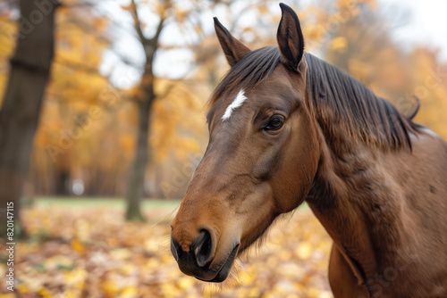 Portrait of a brown horse, autumn leaves in the background