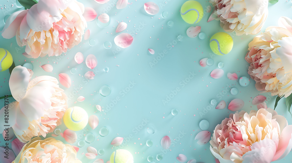 Tennis balls and beautiful peonies, background with copy space, copy space, space for text, Generative AI.テニスボールと美しいシャクヤク、コピースペース付きの背景、コピースペース、テキスト用スペース、Generative AI。 Tennis balls and beautiful peonies, background with copy space, copy space, space for text, Generative AI.テニスボールと美しいシャクヤク、コピースペース付きの背景、コピースペース、テキスト用スペース、Generative AI。