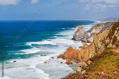 Aerial view of the amazing natural landscape of the Atlantic Ocean, the westernmost point of Europe - Cabo da Roca, Portugal photo
