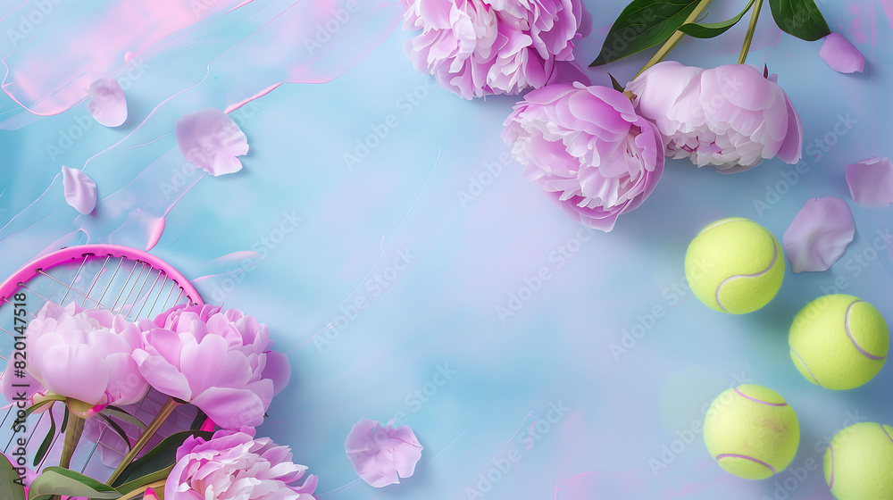 Tennis balls and beautiful peonies, background with copy space, copy space, space for text, Generative AI.テニスボールと美しいシャクヤク、コピースペース付きの背景、コピースペース、テキスト用スペース、Generative AI。