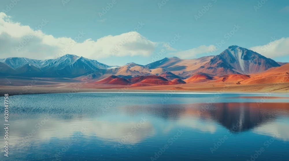 Naklejka premium Red volcanic mountains and blue salt lakes beautiful nature background
