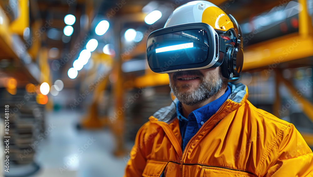 Portrait mature caucasian male worker wearing virtual reality goggles in warehouse. Futuristic exploration business and technology. innovation in freight transportation and distribution. progress