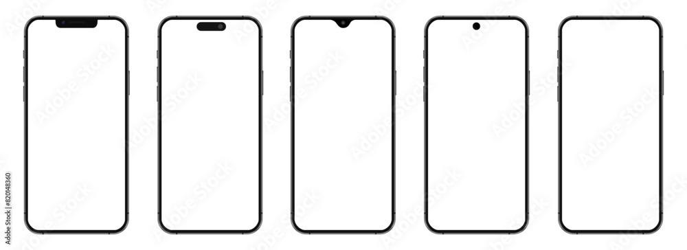 Smartphone mockup set with transparent screen  isolated on transparent background, detailed mobile phone mockups, black models smartphone template front view, model 3D mobile phone