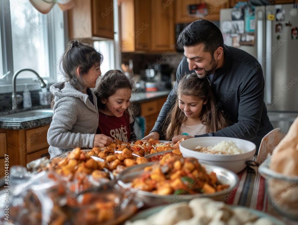 A man and three children are gathered around a table full of food. Scene is happy and warm, as the family is enjoying a meal together A man and three children are gathered around a table full of food. Scene is happy and warm, as the family is enjoying a meal together