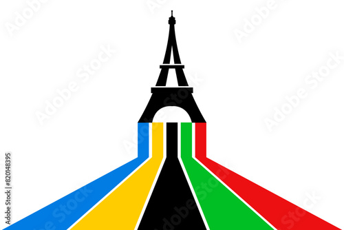 Colored Olympic Games rainbow lines flag converge in Eiffel Tower