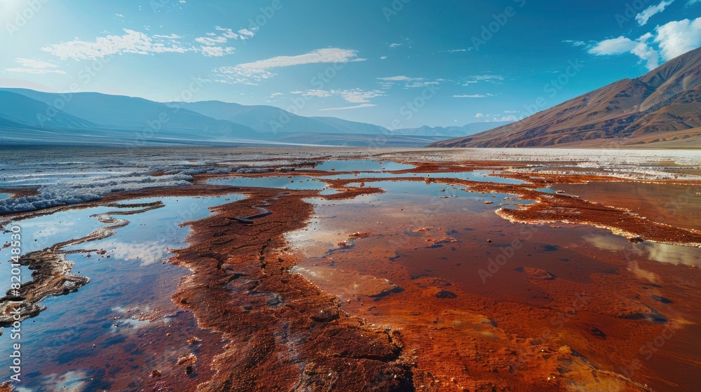 Red volcanic mountains and blue salt lakes beautiful nature background