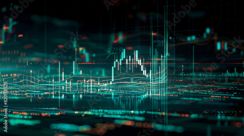 A green-toned visualization of financial data, featuring dynamic graphs and charts illustrating stock market trends and analytics. 