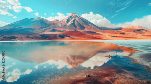 Red volcanic mountains and blue salt lakes beautiful nature background